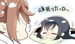  2girls =_= asashio_(kantai_collection) black_hair chibi comic commentary_request head_rest kantai_collection lazy long_hair looking_at_another lying michishio_(kantai_collection) motion_lines multiple_girls no_eyes on_pillow on_stomach pillow pout profile red_hair sidelocks simple_background skirt sweatdrop translated tsunoda_magu 