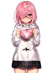 alternate_costume bangs black-framed_eyewear black_skirt blush bow bow_panties breath commentary_request cowboy_shot duffel_coat eyebrows_visible_through_hair fate/grand_order fate_(series) glasses hair_over_one_eye half-closed_eyes holding holding_panties hooded_coat looking_at_viewer mash_kyrielight miniskirt nose_blush panties panties_removed parted_lips pink_hair pink_panties plaid plaid_skirt pleated_skirt purple_eyes sakura_yuki_(clochette) short_hair simple_background skirt solo tareme underwear white_background 
