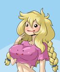  1girl black_eyes blonde_hair blue_background blush borrowed_character braid breasts cleavage_cutout collarbone crop_top ditto erect_nipples female hair_tie hand_up highres large_breasts limebreaker living_clothes long_hair open_mouth original pink_shirt pokemon pokemon_(creature) pokemon_rgby shirt short_sleeves simple_background smile tied_hair twin_braids two-tone_background upper_body wavy_mouth 