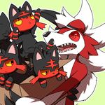  2017 black_fur box claws digital_media_(artwork) fur group hair litten lycanroc midnight_lycanroc nintendo open_mouth pok&eacute;mon pok&eacute;mon_(species) red_eyes red_fur simple_background teeth tongue video_games white_background white_fur yellow_eyes yellow_sclera マジックボックス_(artist) 