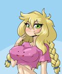  1girl blonde_hair blue_background blush borrowed_character braid breasts cleavage_cutout collarbone crop_top ditto erect_nipples eyebrows_visible_through_hair female green_eyes hair_tie half-closed_eyes hand_up highres large_breasts limebreaker living_clothes long_hair looking_at_viewer original pink_shirt pokemon pokemon_(creature) pokemon_rgby shirt short_sleeves simple_background smile tied_hair twin_braids two-tone_background upper_body 