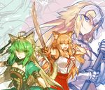  :o ;d ahoge animal_ear_fluff animal_ears armpits atalanta_(fate) bangs blonde_hair blue_eyes breasts cat_ears cat_tail chain cleavage commentary_request cowboy_shot dress fate/apocrypha fate/grand_order fate_(series) fox_ears gauntlets green_eyes green_hair hakama_skirt headpiece holding holding_sword holding_weapon jeanne_d'arc_(fate) jeanne_d'arc_(fate)_(all) katana large_breasts long_hair looking_at_viewer melon22 multicolored_hair multiple_girls one_eye_closed open_mouth puffy_short_sleeves puffy_sleeves school_uniform short_sleeves small_breasts smile suzuka_gozen_(fate) sword tail two-tone_hair upper_body v-shaped_eyebrows weapon yellow_eyes 