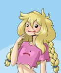 1girl black_eyes blonde_hair blue_background blush borrowed_character braid cleavage_cutout collarbone crop_top ditto female flat_chest hair_tie hand_up highres limebreaker living_clothes long_hair open_mouth original pink_shirt pokemon pokemon_(creature) pokemon_rgby shirt short_sleeves simple_background smile tied_hair twin_braids two-tone_background upper_body wavy_mouth 