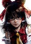  absurdres ascot bespectacled black-framed_eyewear black_eyes black_hair bow detached_sleeves glasses hair_bow hair_tubes hakurei_reimu highres lips looking_at_viewer realistic red_bow short_hair simple_background solo takami_masahiro touhou upper_body white_background yellow_neckwear 