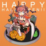  armor armored_boots bat bikini bikini_armor black_legwear blue_eyes blue_ribbon blush boots breasts broadsword cape capelet choker commentary curled_horns elizabeth_bathory_(brave)_(fate) elizabeth_bathory_(fate)_(all) fate/grand_order fate_(series) hair_ribbon halloween happy_halloween highres horns jack-o'-lantern knee_boots long_hair looking_at_viewer navel open_mouth orange_choker oversized_clothes pauldrons pink_hair pointy_ears pumpkin red_armor red_bikini red_footwear ribbon sen-jou shoes silver_trim slime small_breasts smile soldier_(dq3) solo spiked_shoes spikes string_bikini swimsuit sword tail thighhighs tiara two_side_up vambraces weapon white_cape 