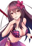  bikini breasts brown_hair cleavage collarbone eyebrows_visible_through_hair fate/grand_order fate_(series) fingernails floating_hair flower hair_between_eyes hair_flower hair_ornament holding holding_weapon index_finger_raised kagarino_hikaru large_breasts long_hair navel open_mouth polearm purple_flower purple_sarong red_bikini red_eyes sarong scathach_(fate)_(all) scathach_(swimsuit_assassin)_(fate) see-through shiny shiny_skin simple_background smile solo swimsuit very_long_hair weapon white_background 