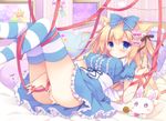  animal_ears bangs bed blonde_hair blue_bow blue_eyes blue_ribbon blue_shirt blue_skirt blush bow breasts brown_ribbon cat_ears closed_mouth crescent eyebrows_visible_through_hair frilled_pillow frilled_skirt frills hair_between_eyes hair_bow hair_ornament hair_ribbon heart heart_hair_ornament heart_pillow holding holding_key indoors key large_breasts legs_up long_hair looking_at_viewer lying maebari on_back on_bed original panties panty_lift pillow purinko purple_pillow red_ribbon ribbon shirt skirt solo star striped striped_legwear stuffed_animal stuffed_bunny stuffed_toy tears thighhighs underwear very_long_hair white_panties 