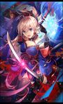  autumn_leaves blue_eyes breasts detached_sleeves earrings fate/grand_order fate_(series) hair_ornament japanese_clothes jewelry katana kimono large_breasts leaf looking_at_viewer miyamoto_musashi_(fate/grand_order) open_mouth pink_hair ponytail sash solo sword thighhighs weapon yunohito 