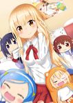  :&lt; :3 ^_^ bed blonde_hair blue_eyes blue_hair blurry blush blush_stickers brown_hair chibi clinging closed_eyes closed_mouth depth_of_field doma_umaru dutch_angle ebina_nana eyebrows_visible_through_hair hand_in_hair headband himouto!_umaru-chan hood hoodie komaru long_hair motion_blur motoba_kirie multiple_girls nose_bubble open_mouth ponytail poster_(object) red_eyes red_skirt school_uniform skirt sleeping smile sylphine tachibana_sylphynford twintails v-shaped_eyebrows yellow_eyes 