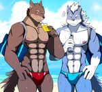  2017 abs anthro bearlovestiger13 biceps canine clothing fur group himitsuri_no_lagoon male mammal muscular nipples pecs standing summer swimsuit wolf yuujirou_(character) 