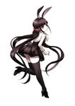  animal_ears ass black_footwear black_hair black_hairband black_legwear black_skirt bow bowtie bunny_ears bunny_girl danganronpa fake_animal_ears floating_hair full_body hair_ornament hairband harukawa_maki high_heels highres leg_up long_hair miniskirt new_danganronpa_v3 sako shirt simple_background skirt sleeveless sleeveless_shirt solo thighhighs twintails very_long_hair white_background white_bow white_neckwear white_shirt wrist_cuffs 