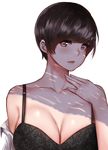  bangs black_bra black_hair blush bra breasts brown_eyes cleavage closed_mouth commentary hand_on_own_chest highres large_breasts lips looking_at_viewer norman_maggot office_lady ol-chan_(norman_maggot) original short_hair simple_background solo swept_bangs underwear white_background 
