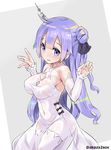  akaza azur_lane bare_shoulders breasts cleavage covered_navel cowboy_shot criss-cross_halter detached_sleeves dress halterneck highres large_breasts long_arms long_hair one_side_up open_mouth purple_eyes purple_hair see-through side_bun simple_background sleeves_past_wrists solo thighhighs twitter_username unicorn_(azur_lane) white_dress white_legwear 