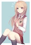  ? ahoge akamatsu_kaede beamed_eighth_notes beamed_sixteenth_notes black_legwear blonde_hair brown_eyes brown_sweater danganronpa egg_(rxlal) eighth_note eyebrows_visible_through_hair highres kneehighs long_hair miniskirt musical_note musical_note_hair_ornament musical_note_print necktie new_danganronpa_v3 open_mouth pleated_skirt quarter_note red_neckwear red_skirt shirt signature sitting skirt solo staff_(music) sweater sweater_vest white_shirt 