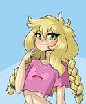  1girl blonde_hair blue_background blush borrowed_character braid cleavage_cutout collarbone crop_top ditto eyebrows_visible_through_hair female flat_chest green_eyes hair_tie half-closed_eyes hand_up highres limebreaker living_clothes long_hair looking_at_viewer original pink_shirt pokemon pokemon_(creature) pokemon_rgby shirt short_sleeves simple_background smile tied_hair twin_braids two-tone_background upper_body 
