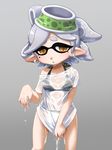  1girl bikini black_bikini breasts brown_eyes commentary_request cowboy_shot domino_mask earrings food food_on_head grey_background grey_hair hotaru_(splatoon) jewelry looking_at_viewer ma2da mask medium_breasts mole mole_under_eye no_pants object_on_head off_shoulder parted_lips pointy_ears see-through shirt shirt_tug short_hair short_sleeves simple_background solo splatoon_(series) splatoon_1 standing swimsuit t-shirt tentacle_hair wet wet_clothes wet_hair wet_shirt white_shirt 