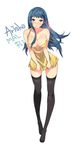  artist_name black_legwear blue_eyes blue_hair breasts cleavage copyright_request dress dress_tug full_body hair_over_breasts highres large_breasts long_hair looking_at_viewer malpoi open_mouth short_dress simple_background solo standing strap_slip thighhighs white_background yellow_dress zettai_ryouiki 
