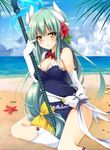  arm_support beach bird blue_swimsuit blush bow breasts cleavage cloud cloudy_sky day detached_collar elbow_gloves eyebrows_visible_through_hair fate/grand_order fate_(series) floating_hair flower gloves green_hair guhua67 hair_between_eyes hair_bow hair_flower hair_ornament hibiscus highres kiyohime_(fate/grand_order) kiyohime_(swimsuit_lancer)_(fate) long_hair looking_at_viewer medium_breasts ocean one-piece_swimsuit outdoors red_bow red_flower sideboob sitting sky smile solo swimsuit very_long_hair white_gloves white_legwear yellow_bow yellow_eyes 