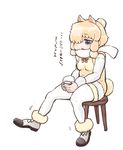  absurdres alpaca_ears alpaca_suri_(kemono_friends) alpaca_tail animal_ears black_footwear blonde_hair blue_eyes cup fur_trim hair_over_one_eye hare_(tetterutei) highres holding holding_cup kemono_friends long_sleeves neck_ribbon pantyhose ribbon sad shoes short_hair sitting solo stool tail translation_request triangle_mouth vest white_legwear 