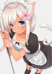  absurdres alternate_costume animal_ears apron black_legwear blonde_hair blue_eyes cat_ears cat_tail fang flower garter_straps go-1 grey_background hair_flower hair_ornament highres kantai_collection long_hair maid maid_apron maid_headdress pink_flower ro-500_(kantai_collection) short_sleeves simple_background smile solo tail tan tanline thighhighs white_apron 