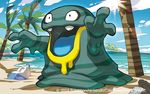  2016 alolan_grimer beach bottle can cloud grimer image_sample ocean official_art palm_tree pokemon pokemon_(game) pokemon_trading_card_game saitou_naoki sand sky trading_card tree twitter_sample watermark 