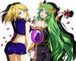  anru_(a-alsace-a) ass bare_shoulders blonde_hair blue_eyes breasts green_eyes green_hair highres jewelry kid_icarus kid_icarus_uprising long_hair metroid mole mole_under_mouth multiple_girls necklace open_mouth palutena ponytail samus_aran shorts skin_tight smile super_smash_bros. thighhighs tiara very_long_hair 