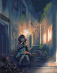  brown_hair little_match_girl night night_sky peko_(akibakeisena) red_eyes red_hood sitting sketch sky solo stairs 