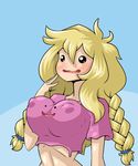  1girl black_eyes blonde_hair blue_background blush borrowed_character bouncing_breasts braid breasts cleavage_cutout collarbone crop_top ditto erect_nipples female hair_tie hand_up highres large_breasts limebreaker living_clothes long_hair open_mouth original pink_shirt pokemon pokemon_(creature) pokemon_rgby shirt short_sleeves simple_background smile tied_hair twin_braids two-tone_background upper_body wavy_mouth 