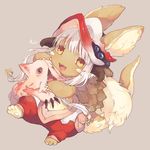  :3 :d animal_ears bangs blunt_bangs brown_eyes claws creature ears_through_headwear fur furry hideko_(l33l3b) hood horns hug long_hair looking_at_viewer made_in_abyss mitty_(made_in_abyss) monster_girl nanachi_(made_in_abyss) open_mouth pants red_eyes silver_hair sitting smile 
