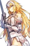  armor armored_dress bangs blonde_hair blue_eyes breasts chain cleavage closed_mouth commentary_request cowboy_shot fate/apocrypha fate_(series) faulds flag fur_trim gauntlets headpiece jeanne_d'arc_(fate) jeanne_d'arc_(fate)_(all) large_breasts long_hair looking_at_viewer melon22 plackart smile solo thighhighs very_long_hair 