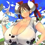  1girl animal_print breasts brown_hair cleavage collarbone cow_girl cow_girl_(hataraki) cow_horns cow_print female giantess gigantic_breasts hataraki_ari horns original outdoors sukimi twintails yellow_eyes 