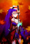  applechoc autumn_leaves blue_eyes breasts commentary_request detached_sleeves earrings fate/grand_order fate_(series) hair_ornament highres japanese_clothes jewelry katana kimono large_breasts leaf looking_at_viewer miyamoto_musashi_(fate/grand_order) pink_hair ponytail sash smile solo sword thighhighs weapon 