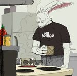  2017 anthro clothed clothing cooking detailed_background digital_media_(artwork) english_text eye_bags food fridge fully_clothed fur instant_noodles kitchen lagomorph male mammal pants phillip-banks pot_(disambiguation) rabbit shirt solo stove text white_fur 
