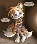 2017 anthro bare_shoulders black_nose blue_eyes blush canine clothed clothing collar crossdressing dialogue dipstick_tail embarrassed english_text fox fur girly hi_res legwear magnum3000 male mammal miles_prower multicolored_tail nightgown panties solo sonic_(series) text thigh_highs underwear video_games white_fur yellow_fur young 