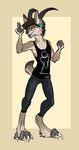  4_toes anthro barefoot blue_eyes brown_hair canine caprine clothed clothing digital_media_(artwork) digitigrade dog goat hair horn hybrid male mammal poisoned_(artist) ridged_horn simple_background smile solo toes 