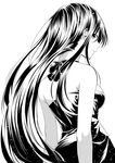  attsun_(atsushi_jb) bare_arms bare_shoulders breasts dress from_behind greyscale highres large_breasts long_hair looking_at_viewer looking_back monochrome neck_ribbon original ribbon simple_background solo standing very_long_hair white_background 