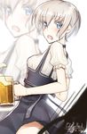  alcohol apron artist_name beer beer_mug blue_eyes cowboy_shot cup dated dirndl german_clothes holding holding_cup kantai_collection open_mouth pallad puffy_sleeves shirt short_hair silver_hair solo waitress white_shirt z1_leberecht_maass_(kantai_collection) zoom_layer 