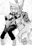  :d animal_ears backpack bag bangs batta_(kanzume_quality) beanie blush boots closed_eyes dead_animal deer eyebrows_visible_through_hair facing_viewer fox_ears fox_tail fox_wife_(batta_(kanzume_quality)) gloves greyscale gun hat holding holding_gun holding_weapon hunting knees_together_feet_apart long_hair monochrome open_mouth original pants rifle smile sniper_rifle snow solo tail tree v weapon 
