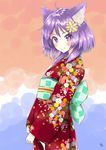  ahoge alternate_costume animal_ears bad_id bad_pixiv_id bashira_(sennen_sensou_aigis) blush cat_ears floral_print flower hair_flower hair_ornament highres japanese_clothes k_mugura kimono looking_at_viewer medium_hair purple_eyes purple_hair sennen_sensou_aigis smile solo standing 