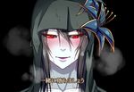  bangs black_background black_hair black_sclera blush dream_demon face fatal_frame hair_between_eyes hair_ornament hood hood_up kurosawa_ouse lipstick looking_at_viewer makeup purple_lipstick red_eyes simple_background solo steaming_body translation_request wet white_skin 