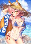  animal_ears bikini blue_bikini blush breasts cleavage closed_mouth commentary_request cowboy_shot day ears_through_headwear fate/grand_order fate_(series) fox_ears fox_tail hair_between_eyes hat highres large_breasts long_hair looking_at_viewer mogupuchi navel ocean pink_hair see-through shirt smile solo stomach straw_hat sun_hat swimsuit tail tamamo_(fate)_(all) tamamo_no_mae_(swimsuit_lancer)_(fate) wading wet wet_clothes wet_shirt white_shirt yellow_eyes 