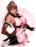  bare_shoulders bowalia breasts brown_eyes brown_hair cherry_blossoms commentary covered_navel dead_or_alive elbow_gloves fingerless_gloves gloves kasumi_(doa) kunai large_breasts long_hair looking_at_viewer muscle muscular_female ninja parted_lips ponytail ready_to_draw sheath sheathed sideboob signature weapon 
