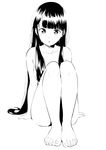  arm_support attsun_(atsushi_jb) bangs barefoot blunt_bangs blush convenient_leg eyebrows_visible_through_hair full_body greyscale hair_censor hair_over_breasts legs_together long_hair looking_at_viewer monochrome nude original parted_lips simple_background sitting solo toenails very_long_hair white_background 