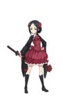  black_footwear black_hair dress eyebrows flower full_body grey_eyes hair_flower hair_ornament hand_on_hip highres holding holding_sword holding_weapon katana looking_at_viewer official_art princess_principal red_dress sheath sheathed short_hair solo standing sword toudou_chise transparent_background weapon wide_sleeves 