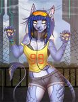  2017 anthro blue_hair bra breasts chest_tuft clothed clothing collaboration denim_shorts ear_piercing eyewear f-r95 feline female fence goggles hair headphones hioshiru inner_ear_fluff mammal piercing plaster purple_nose shirt shorts smile solo tank_top tuft underwear yellow_eyes 