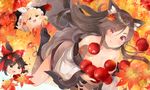  animal_ears apple autumn_leaves bare_shoulders black_hat blush_stickers bow breasts brown_hair cleavage closed_mouth collarbone commentary_request dress fingernails food fruit hair_bow hair_ornament hair_tubes hakurei_reimu hat hat_bow holding holding_food holding_fruit imaizumi_kagerou kirisame_marisa large_breasts leaf_hair_ornament long_fingernails long_hair long_sleeves looking_at_viewer nail_polish red_bow red_eyes shin_(new) smile touhou white_bow wide_sleeves witch_hat wolf_ears yukkuri_shiteitte_ne 