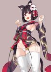  :d animal_ears asanagi azur_lane bangs bell black_hair blunt_bangs blush bow breasts cat_ears cat_mask cat_tail commentary_request covered_nipples cowboy_shot fang grey_background hair_bow hair_ornament hair_ribbon hands_up highres japanese_clothes looking_at_viewer mask mask_on_head medium_breasts micro_panties navel open_mouth panties paw_pose red_eyes ribbon short_hair side-tie_panties sideboob simple_background skindentation smile solo tail thick_thighs thighhighs thighs underwear white_legwear white_panties yamashiro_(azur_lane) 