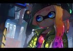  asymmetrical_hair black_hat blue_eyes city closed_mouth coat copyright_name domino_mask gradient_hair hat highres inkling kashu_(hizake) long_hair long_sleeves mask multicolored_hair open_clothes open_coat orange_hair pointy_ears purple_hair red_shirt shirt solo splatoon_(series) splatoon_2 standing tentacle_hair upper_body yellow_coat 