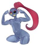  anthro blue_skin breasts eye_patch eyewear female flexing grin hair long_hair mdriff muscular muscular_female nude ponytail pussy red_hair simple_background smile solo undertale undyne unknown_artist video_games white_background yellow_eyes 
