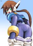  absurdres aile ass bodysuit breasts brown_hair commentary_request gloves green_eyes highres long_hair pantylines ponytail rockman rockman_zx rockman_zx_advent shorts shoutaro_saito skin_tight solo spandex undressing 